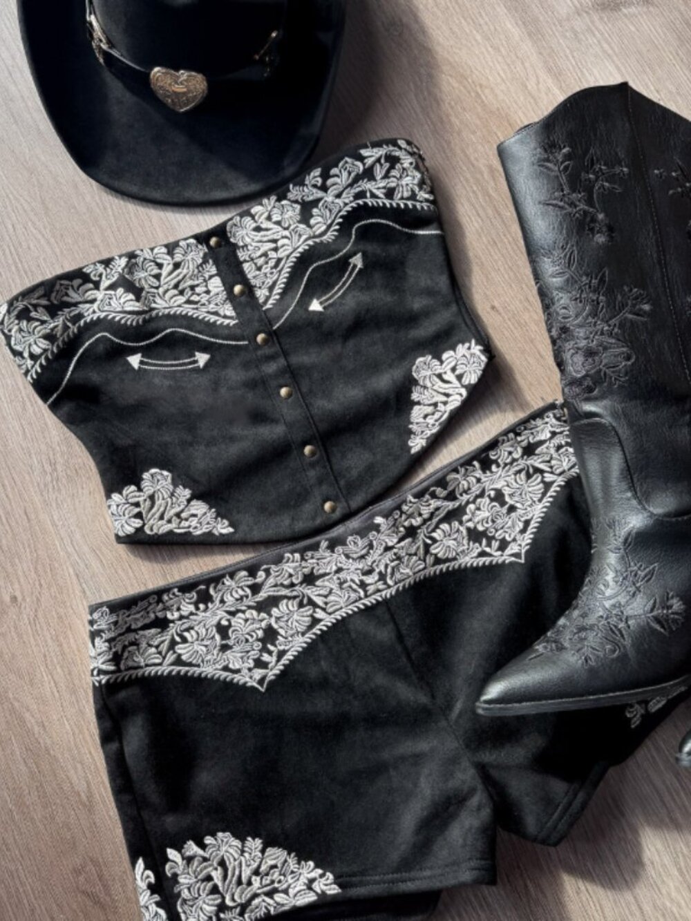 Black Faux Suede Western Embroidered Shorts